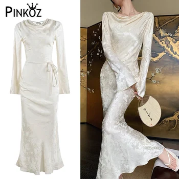  Pinkoz модная одежда белый атлас с цветочным принтом с длинным расклешенным рукавом макси слизистые платья для женщин винтажная одежда для вечеринок vestidos халат