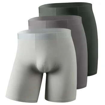  Мужчины дышащие боксерские шорты с длинными штанинами сексуальные эластичные мужские трусики Cueca Male Ice Silk Бесшовные удлиненные короткие брюки